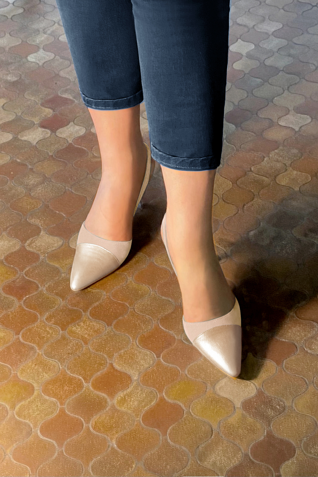 Women's gold and champagne white elegant slingback heels. .  - Worn view